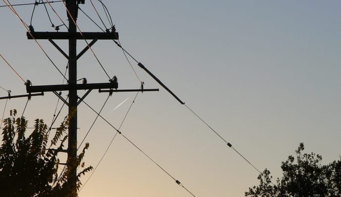 Power lines, poles, and treetops silhouetted against a dimly lit sky