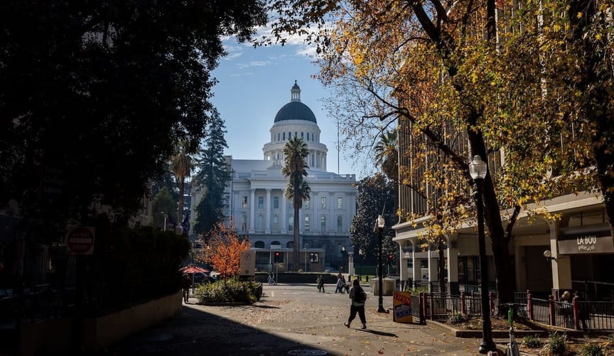 An ornate government building seen through a tree-lined walkway