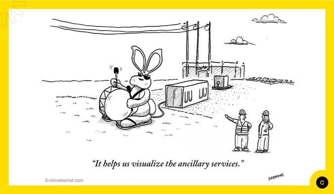 cartoon: huge Energizer Bunny attached to grid battery and a person saying, "It helps us visualize the ancillary services."