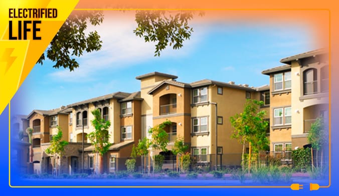 A treated color image of beige- and terracotta-colored buildings at affordable housing property Foothill Farms