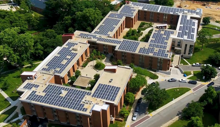 A solar system at Abrams Hall, an affordable housing building in Washington D.C., installed by Flywheel Development.