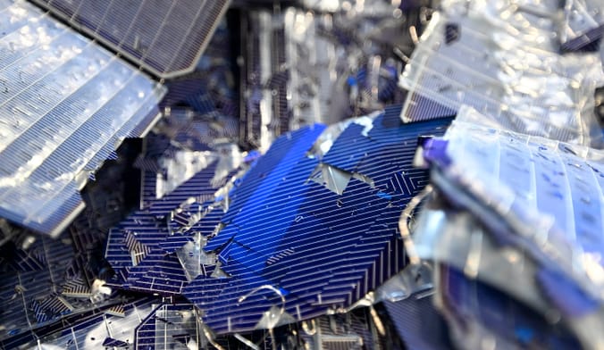 Close up of blue and silver crushed panels