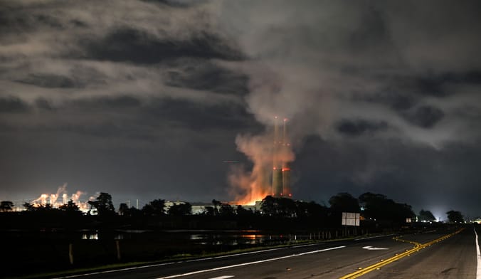 flames and smoke in the night sky in the distance, road in the foreground