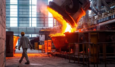 A person walks on a factory floor next to a large bucket pouring out red-hot liquid.