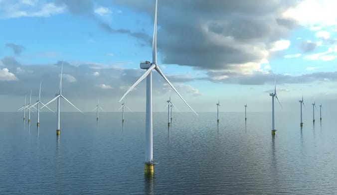 About a dozen wind turbines in the ocean