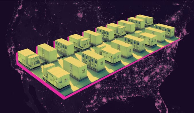 A role of white energy storage batteries overlaid on top of a map of the United States