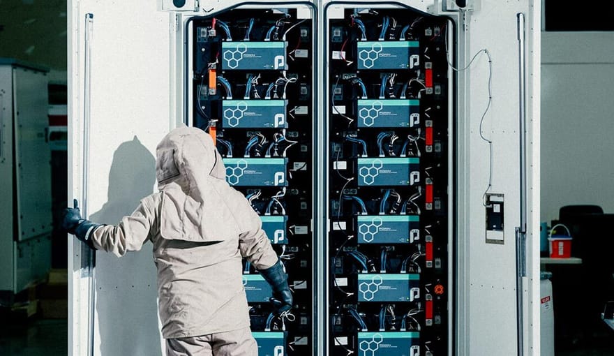 A person wearing protective gear stands in front of a large box filled with batteries