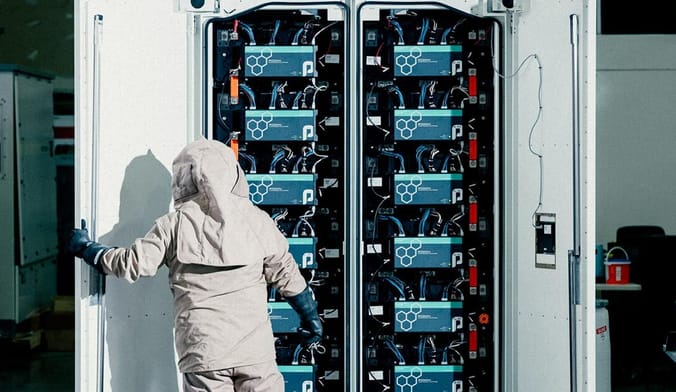 A person wearing protective gear stands in front of a large box filled with batteries