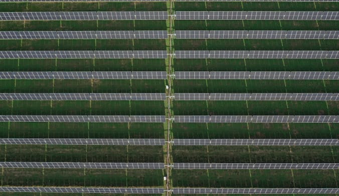 Aerial shot of rows of solar panels