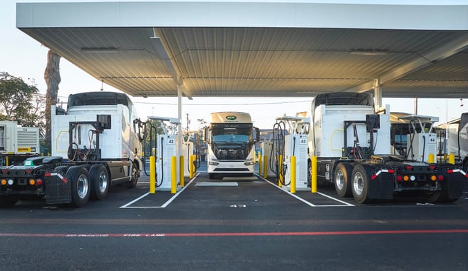 An electric truck charging depot in Lynwood, California, operated by Voltera and Einride